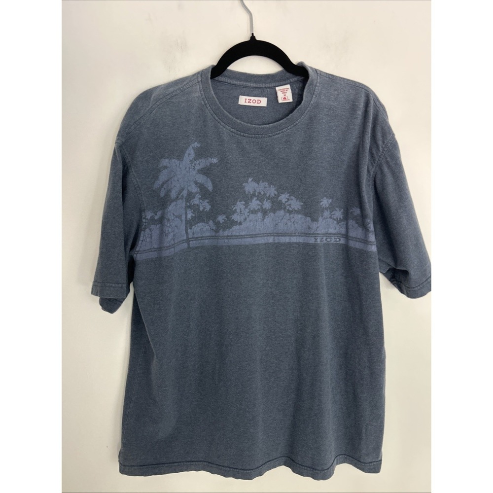 Izod Men's M Washed Blue Palm Tree Short Sleeve T-Shirt 100% Cotton